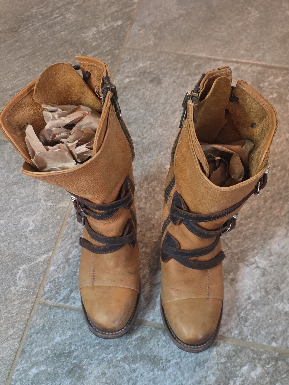 Freebird Cora Tan Leather Buckle Boots - Brown Strap Detail Size 8 - Picture 5 of 15